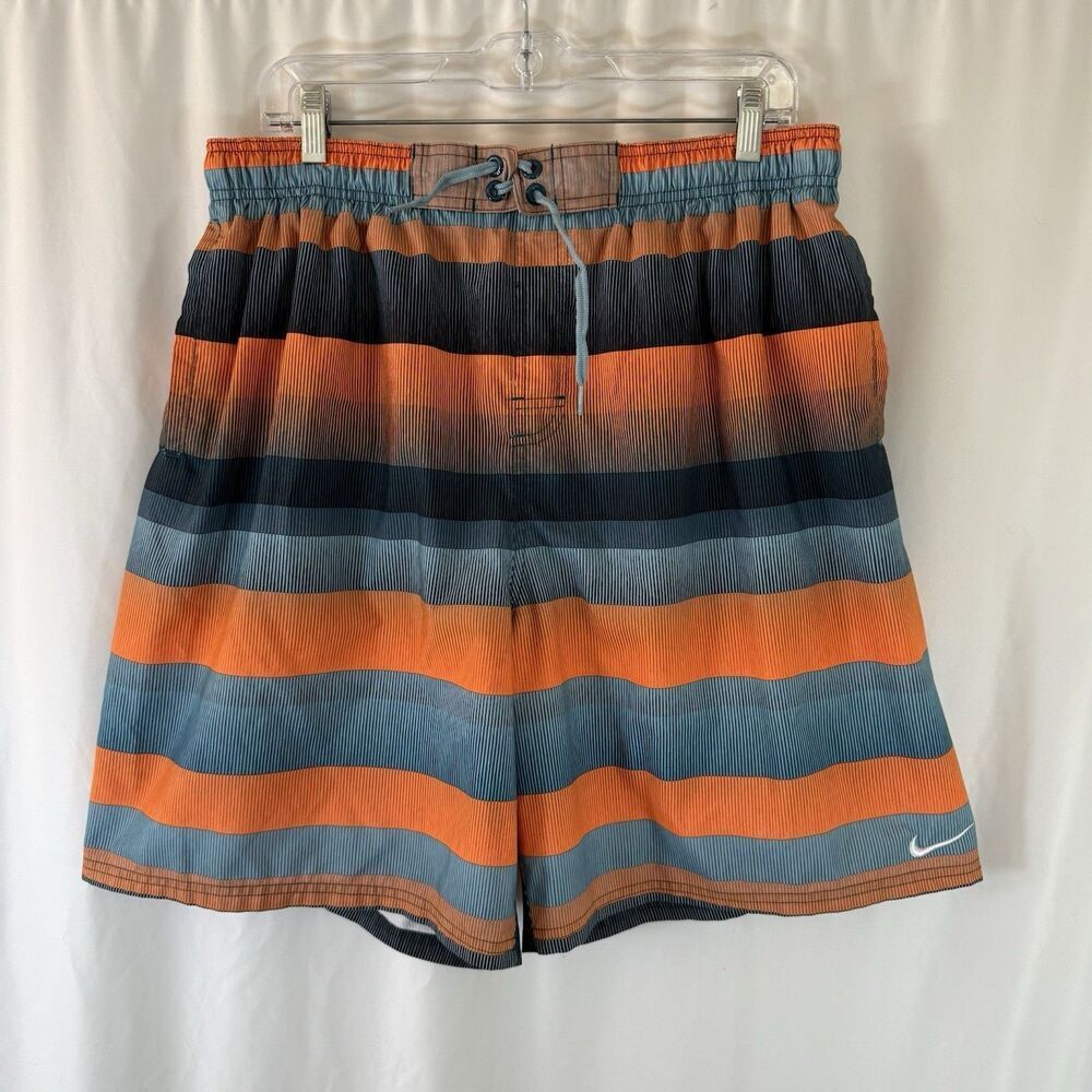 Nike Swim Trunks Men's XXL Orange Blue Striped Drawstring Lined Pockets Elastic